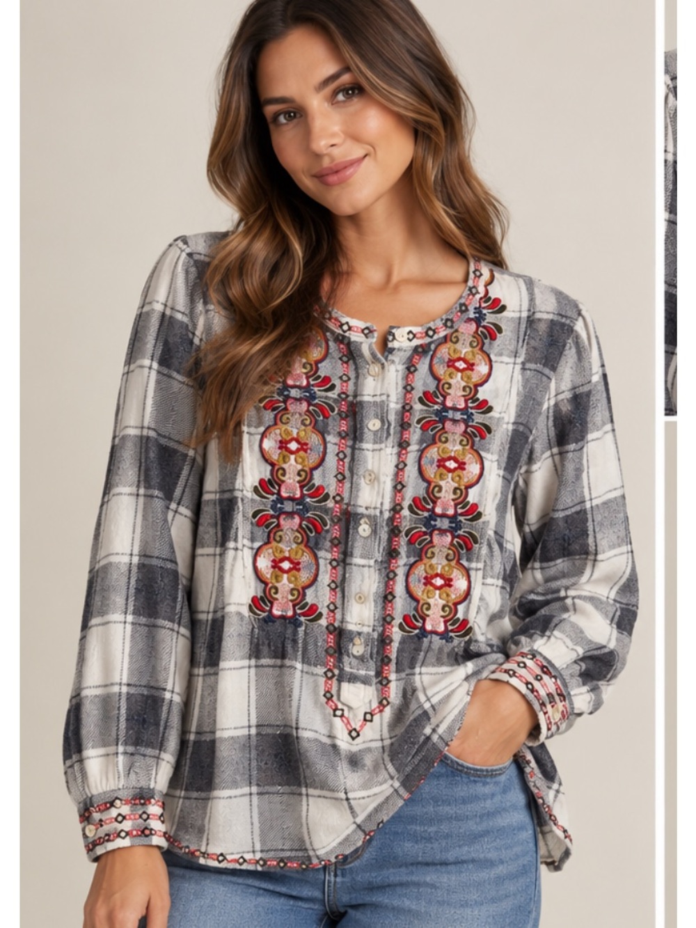 Anthropology Akemi+kin Embroidered Gray Plaid Women's Peasant Top size s